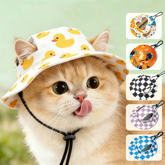 Summer Cat Dog Sunscreen Hat with Printed Checkered Pet Fisherman Hat Suitable for Cats Small Medium-sized Dogs Outdoor Supplies