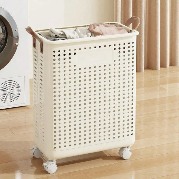 Foldable Wheeled Laundry Basket with Rolling Wheels, Large Capacity Plastic Laundry Hamper, Portable Rolling Storage Bin for Bathroom, Balcony, Dorm