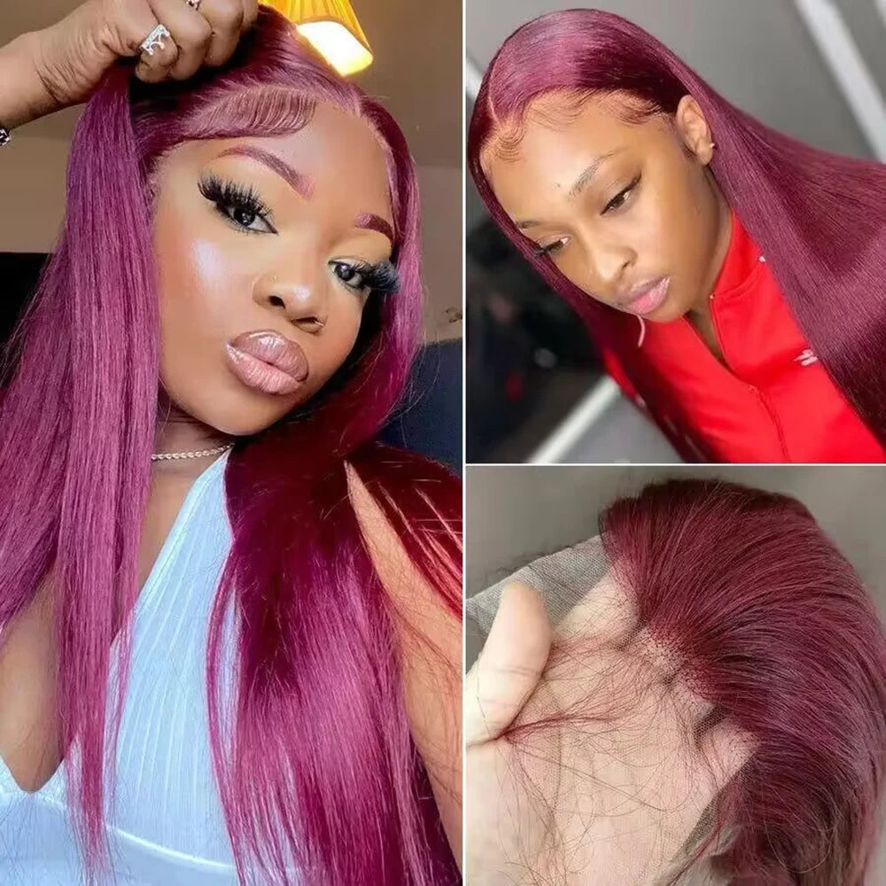 Burgundy 13x4 HD Lace Frontal Human Hair Wig Straight Red 13x6 Lace Front Human Hair Wigs 99J Colored 200% Human Hair Wig