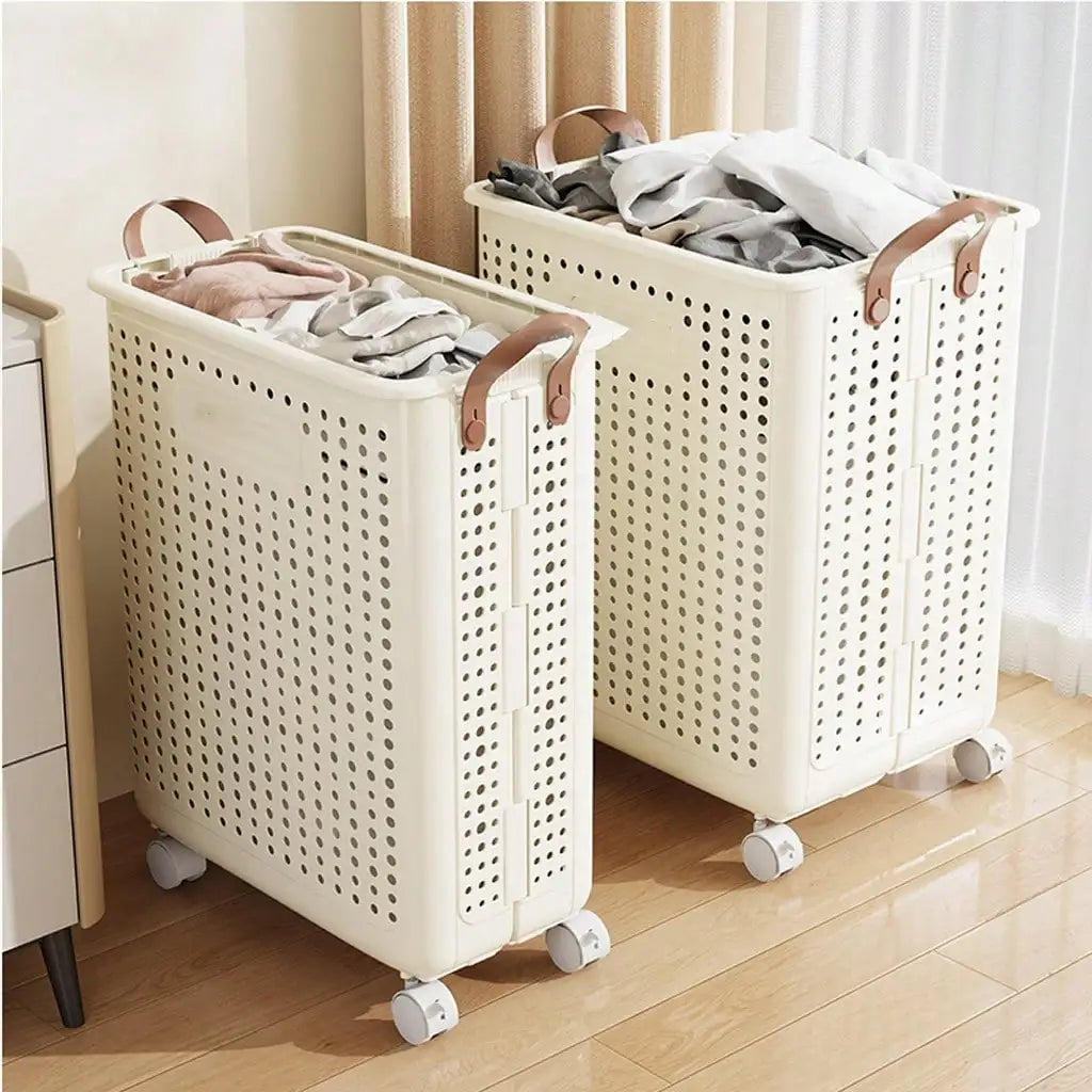 Foldable Wheeled Laundry Basket with Rolling Wheels, Large Capacity Plastic Laundry Hamper, Portable Rolling Storage Bin for Bathroom, Balcony, Dorm