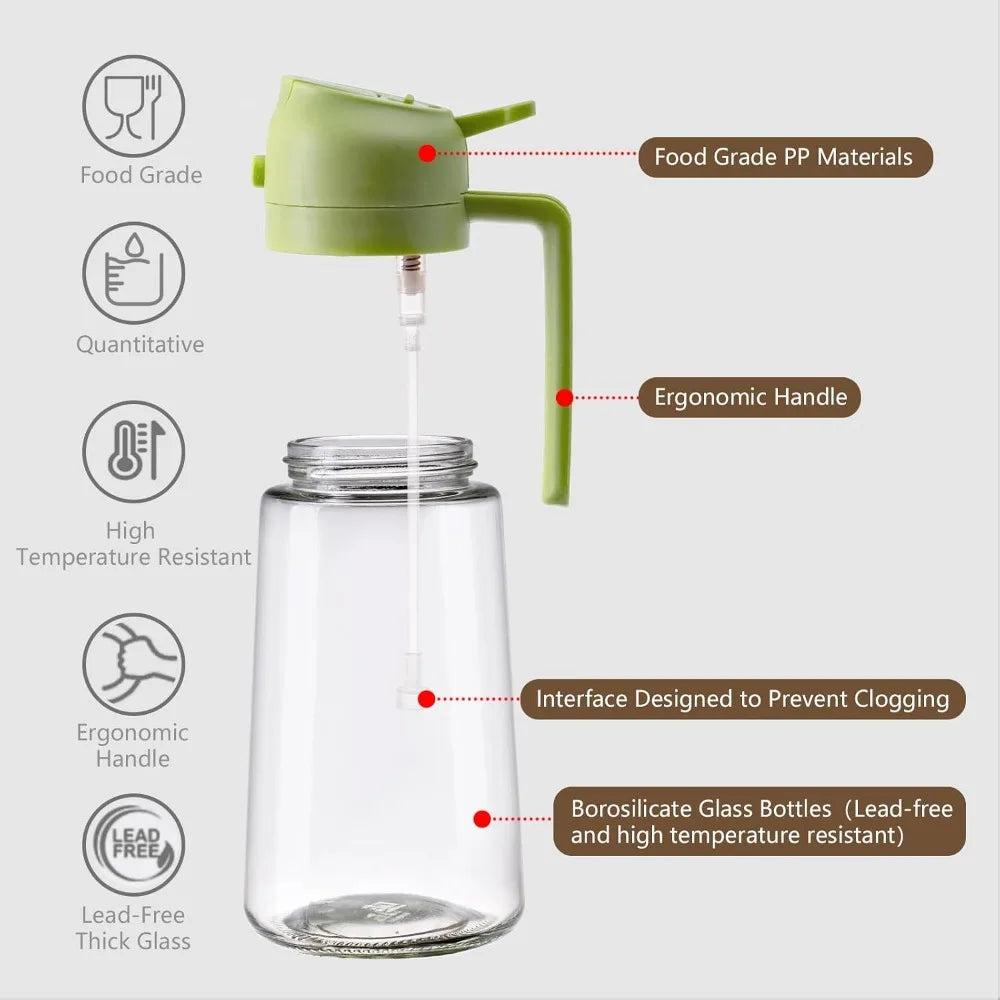 Green Glass Oil Sprayer and Dispenser Bottle for Cooking 16 oz 470 ml Kitchen Gadget Accessories Perfect for Air Frying Salad Dressing BBQ Grilling Baking Healthy Food Prep Non-Aerosol Mister with Reusable Labels and