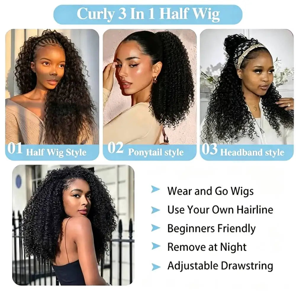 Half Wig 200% Density Remy Hair Headband Wig No Leave Out Curly 32 Inches Human Hair Wigs Upgrade Glueless Clip 3 In 1 Half Wigs For Women