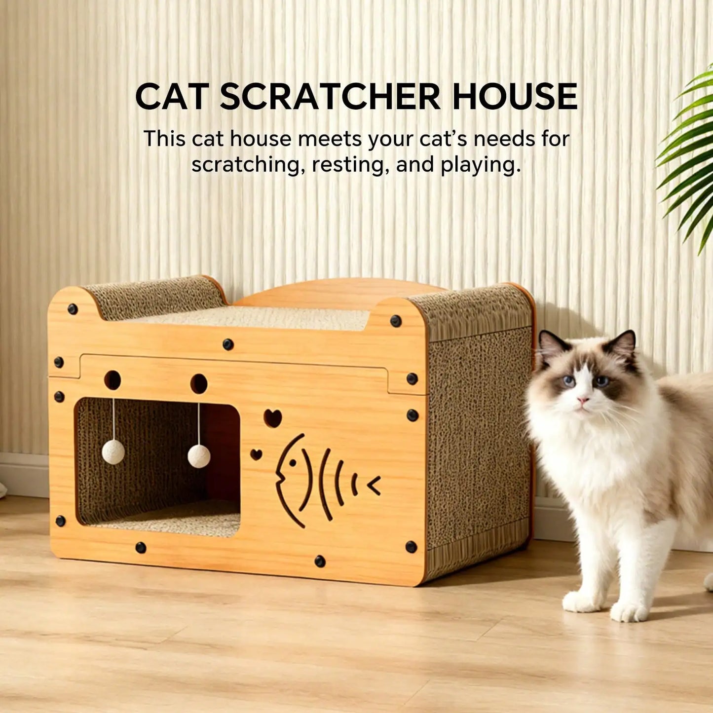 Cat Scratching Board And Resting Bed |   Durable Cardboard Scratcher With Hanging Toys, Suitable For Kittens/Adult Cats, Space-Saving All-Season Comfort, Scratching Posts, Popular Cat Nest Storage Furniture With Cat Toy Ball