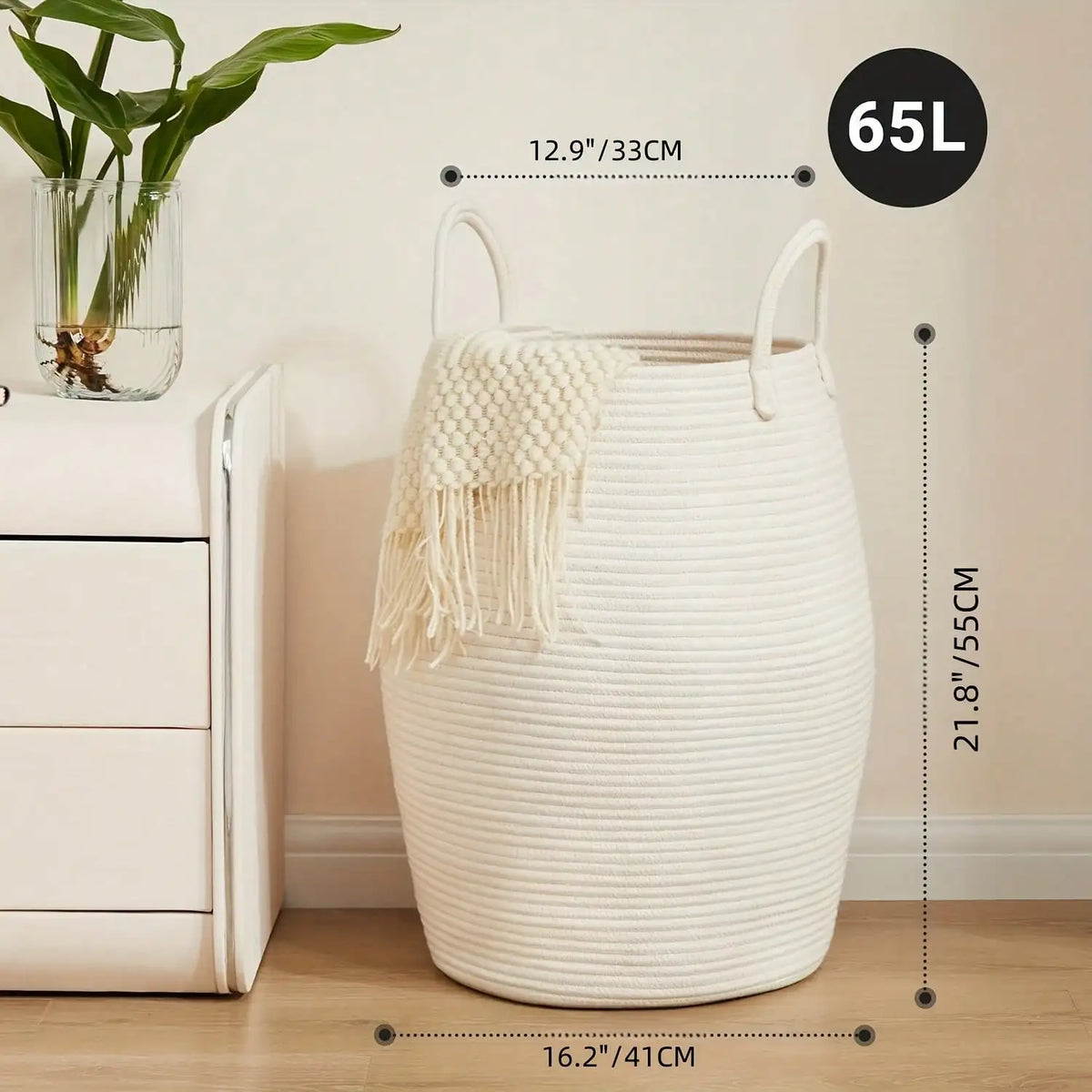 Woven Storage Basket with Handles, Large Cotton Rope Laundry Hamper, Bohemian Black & Beige Organizer for Blankets, Toys & Clothes, Rustic Farmhouse Decor