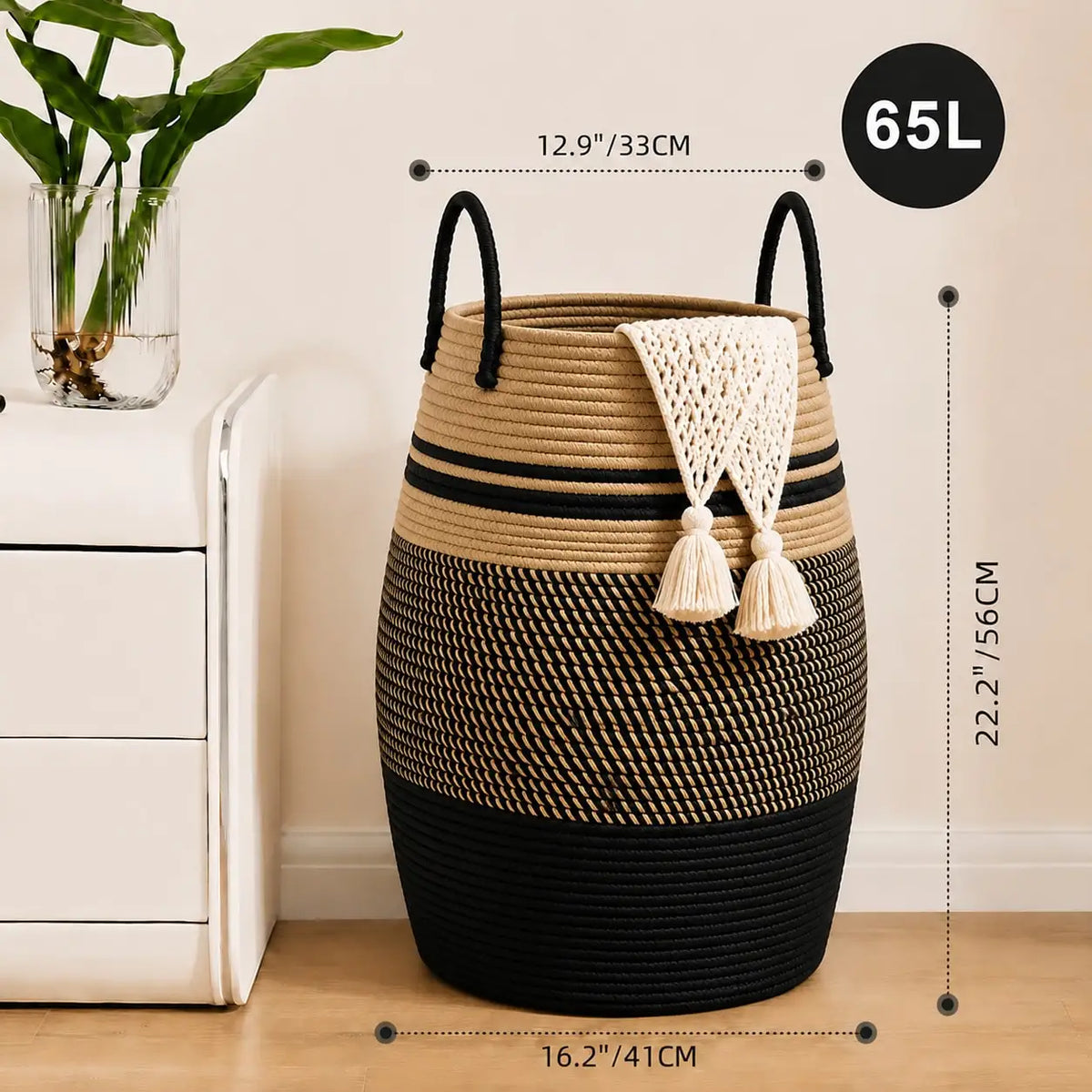 Woven Storage Basket with Handles, Large Cotton Rope Laundry Hamper, Bohemian Black & Beige Organizer for Blankets, Toys & Clothes, Rustic Farmhouse Decor