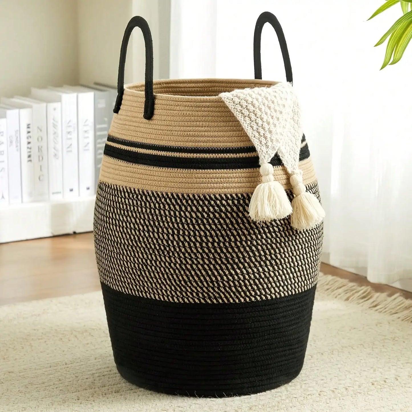 Woven Storage Basket with Handles, Large Cotton Rope Laundry Hamper, Bohemian Black & Beige Organizer for Blankets, Toys & Clothes, Rustic Farmhouse Decor