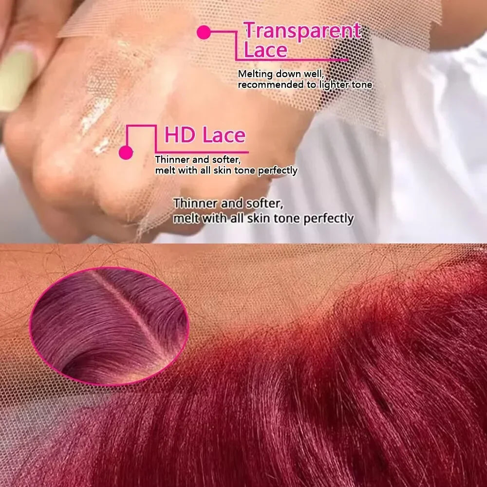Burgundy 13x4 HD Lace Frontal Human Hair Wig Straight Red 13x6 Lace Front Human Hair Wigs 99J Colored 200% Human Hair Wig