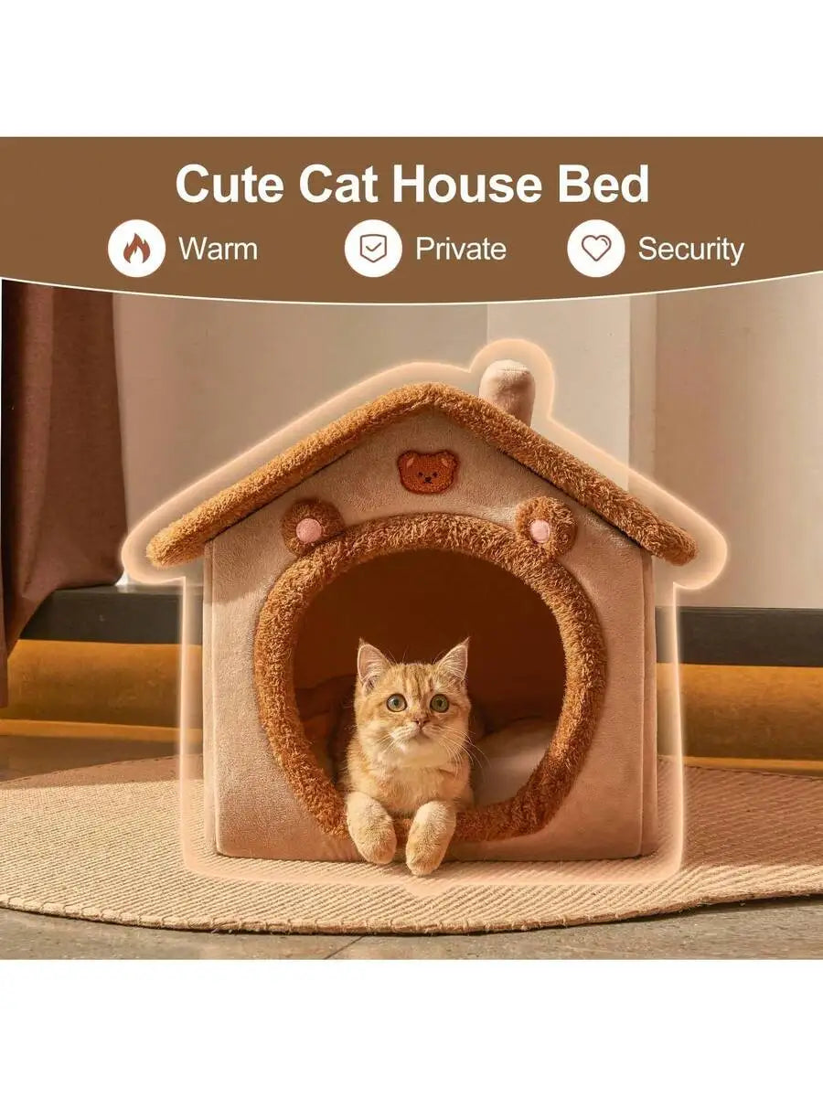 Cozy Cat Cave Bed, Removable Cushion & Pillow, Soft & Warm Pet House For Cats & Small Dogs, Cute Bear Design Pet Nest