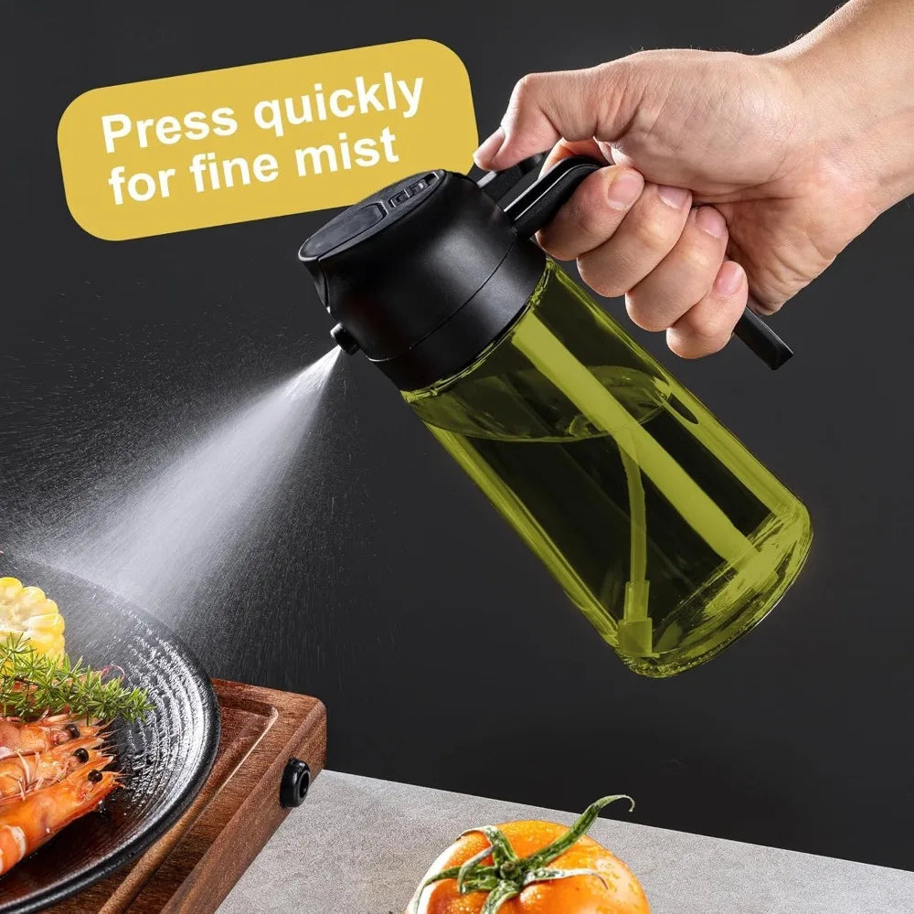 Light Proof 16oz 470ml Olive Oil Dispenser & Sprayer Bottle 2 in 1 Kitchen Gadget for Cooking Baking Air Frying Salad Dressing Healthy Food Prep Mister Atomizer Non-Aerosol with Removable Labels Stickers Dark Glass