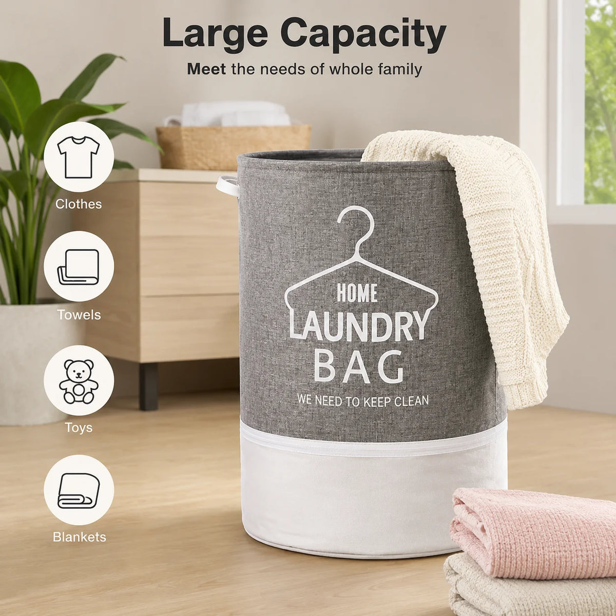 Foldable Laundry Hamper Large Capacity Dirty Clothes Storage Basket Waterproof Laundry Bag Toy Towel Organizer Bin with Durable Handles