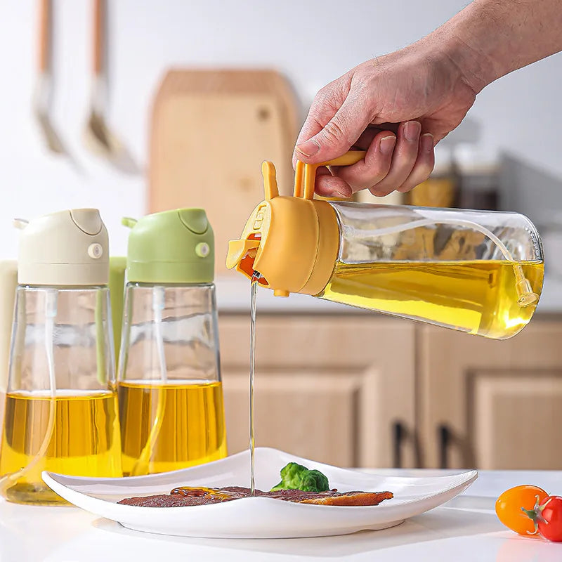 2 in 1 Oil Sprayer and Oil Dispenser Bottle, Dual Purpose Glass Oil Spray Pour Bottle for Cooking Air Fryer BBQ Salad Baking Kitchen Oil Storage Container
